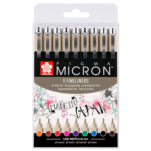 Sakura Pigma Micron pen, sett 9 farger